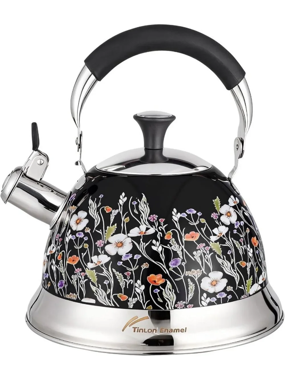 Black Field Flower 304 Stainless Steel Whistling Tea Kettle 3.1 Quart Stovetop